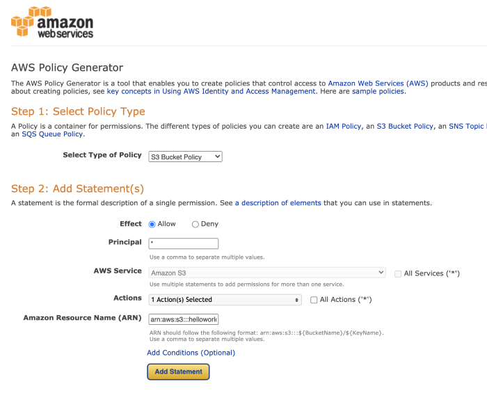 Screenshot of policy generator page showing values to add
