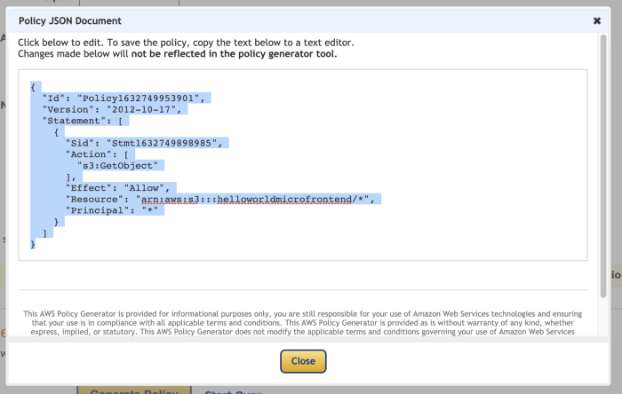 Screenshot of generated policy