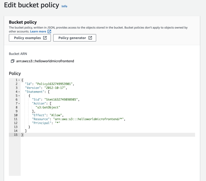 Screenshot of Policy pasted into “Edit bucket policy” page