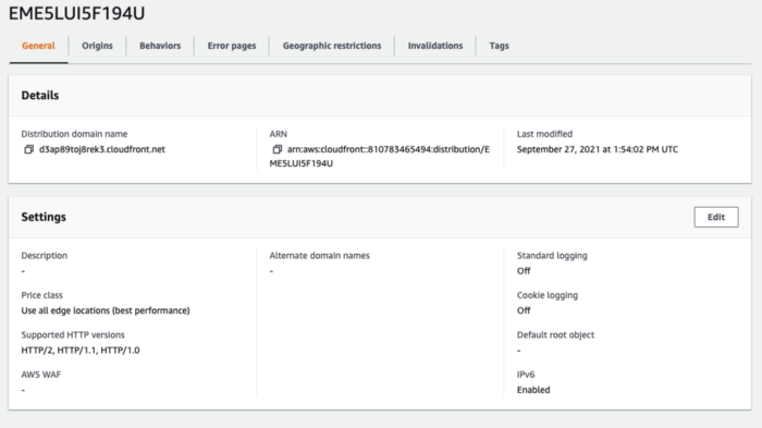 Screenshot of CloudFront distribution general tab