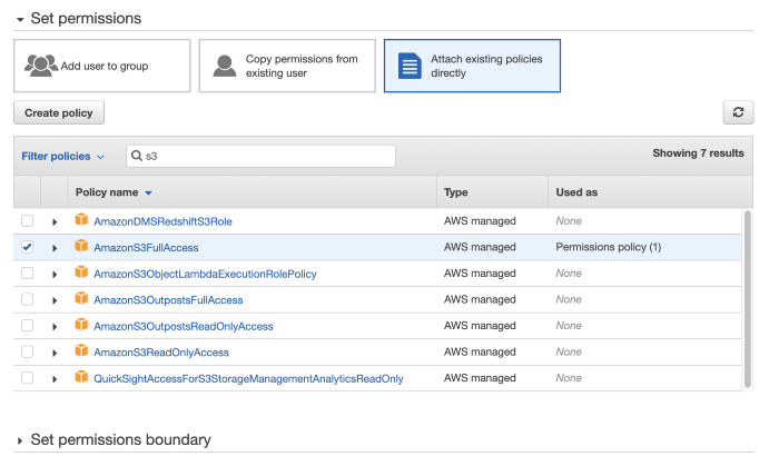 Screenshot showing AmazonS3FullAccess selected