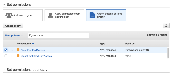 Screenshot showing CloudFrontFullAccess selected