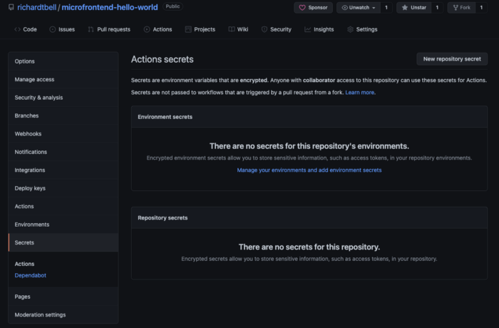 Screenshot of secrets page