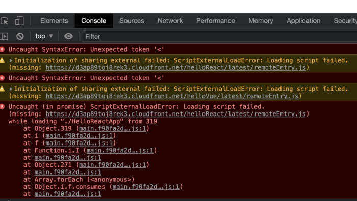 Screenshot of errors on loading production container app