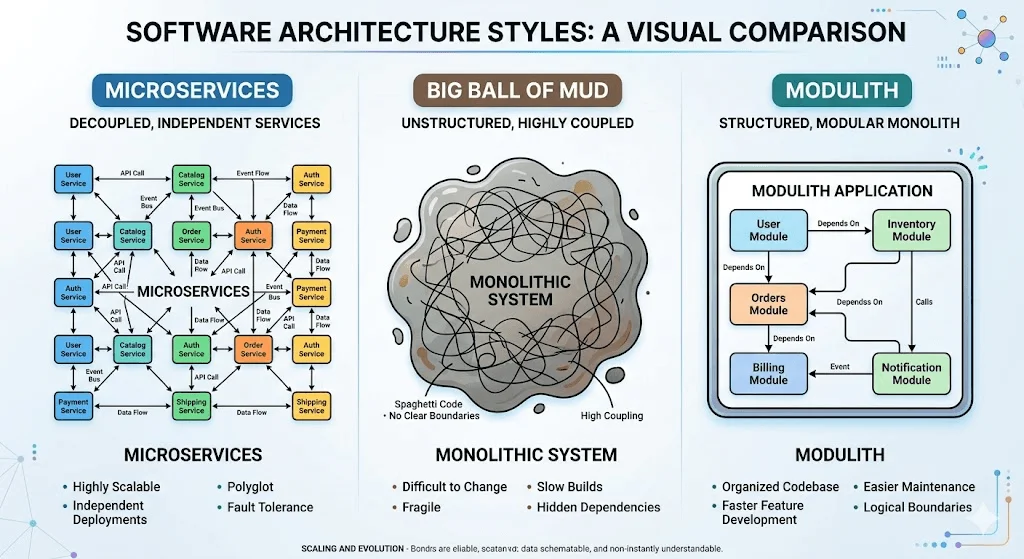 visual comparison of software architecture styles: microservices, big ball of mud, and modulith