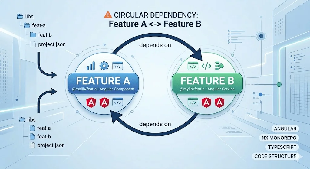 circular dependency in Angular, from feature A to feature B, visual representation